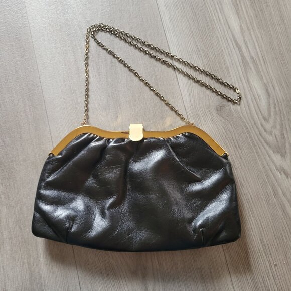 Vintage Black Leather Evening Clutch With Gold Chain & Clasp - Picture 1 of 7